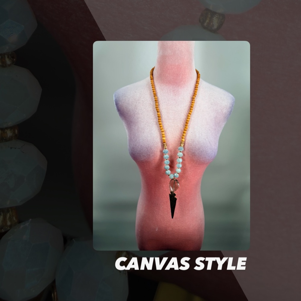 EUC Canvas Style Faux Wooden And Aquamarine Beaded Necklace